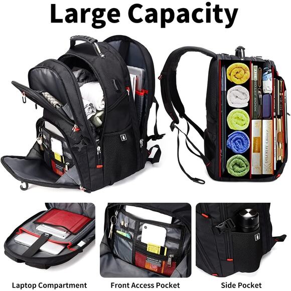 Large 50L Black Travel Laptop Backpack USB Charging Port & Multiple Compartment - Picture 4 of 6